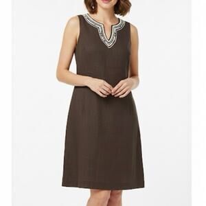 Talbots Chocolate Brown Linen Notched V-Neck Sleeveless Shift Dress Size 14P